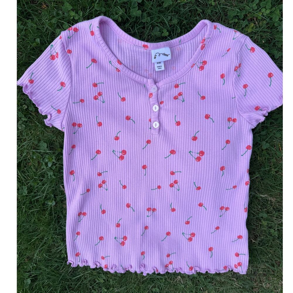 Adorable Target Art Class Pink Cherry Print Ribbed Top – Girls Size M (8) 🍒